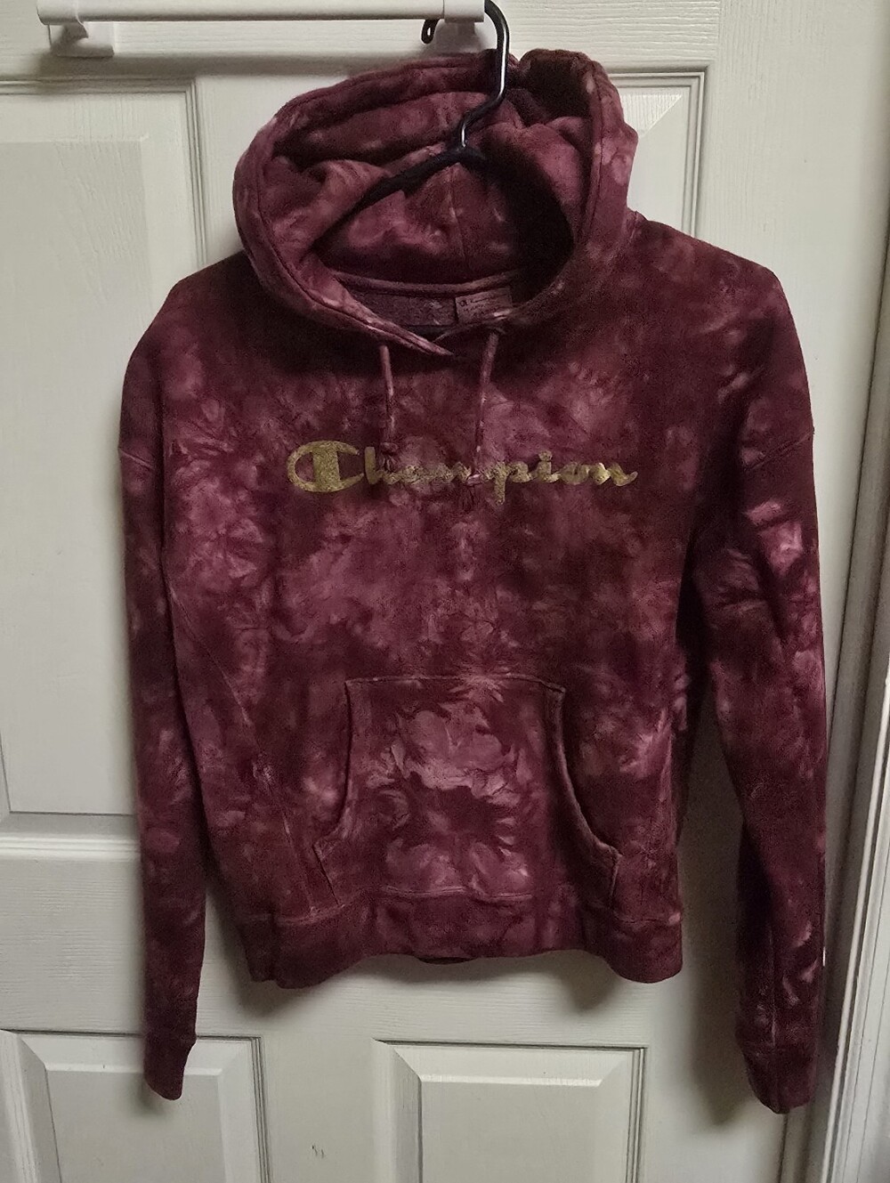 Champion Tie-Dye Burgundy Hoodie with Gold Logo